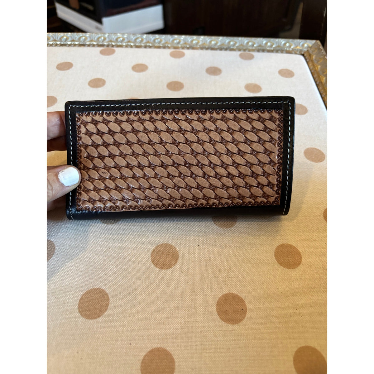 Tooled Cowhide Leather Long Style Beaded Checkbook  and Wallet