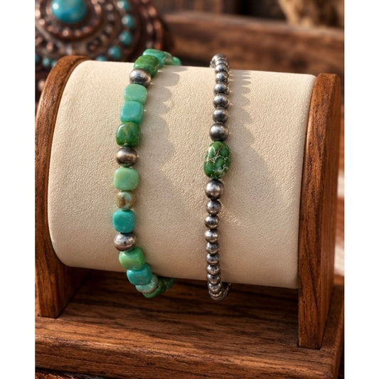 2 Kingman & Sonoran Turquoise sterling pearl bead bracelets