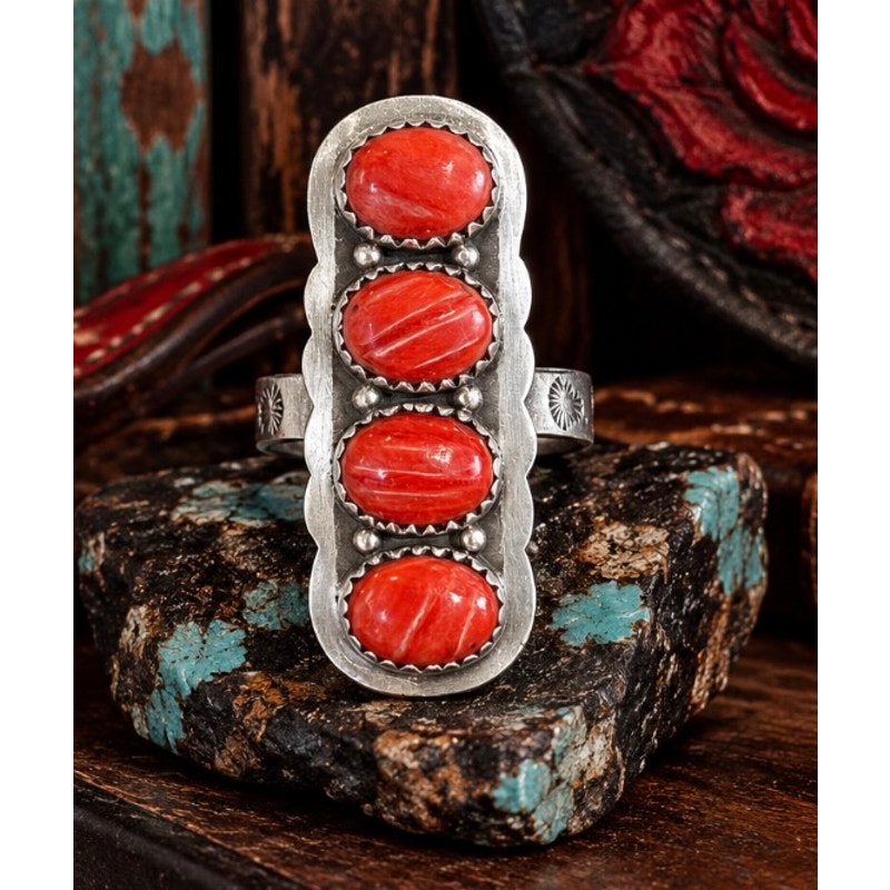 Bold Red Spiny Southwestern Statement Crawler Ring – Sterling Silver