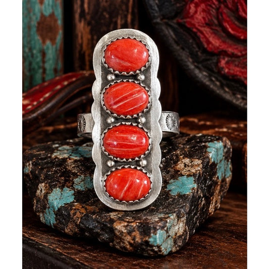 Bold Red Spiny Southwestern Statement Crawler Ring – Sterling Silver