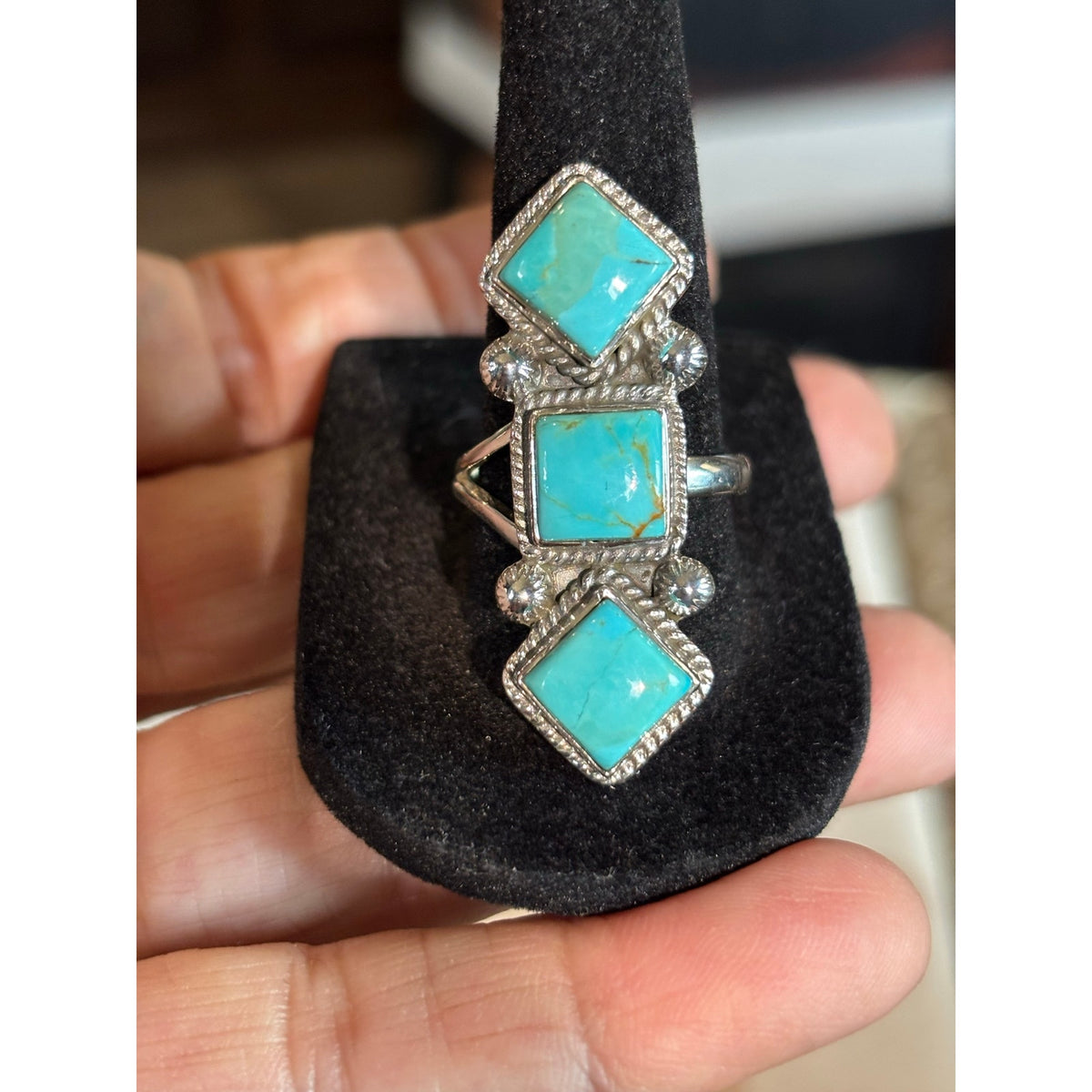 Three-Stone Kingman Turquoise Crawler Ring – Sterling Silver