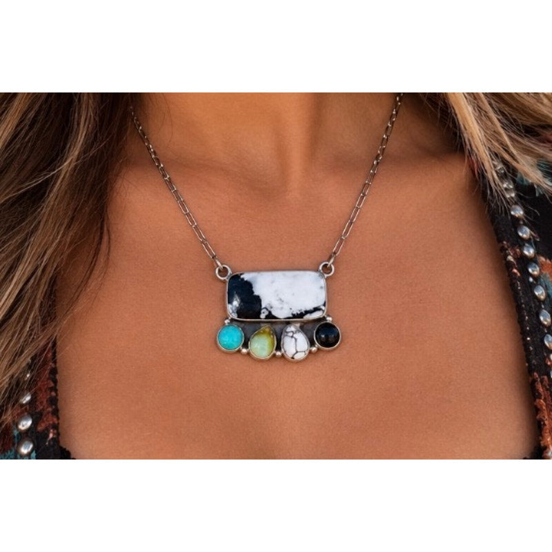 White Buffalo, Turquoise Multistone Bar Necklace 20" Chain