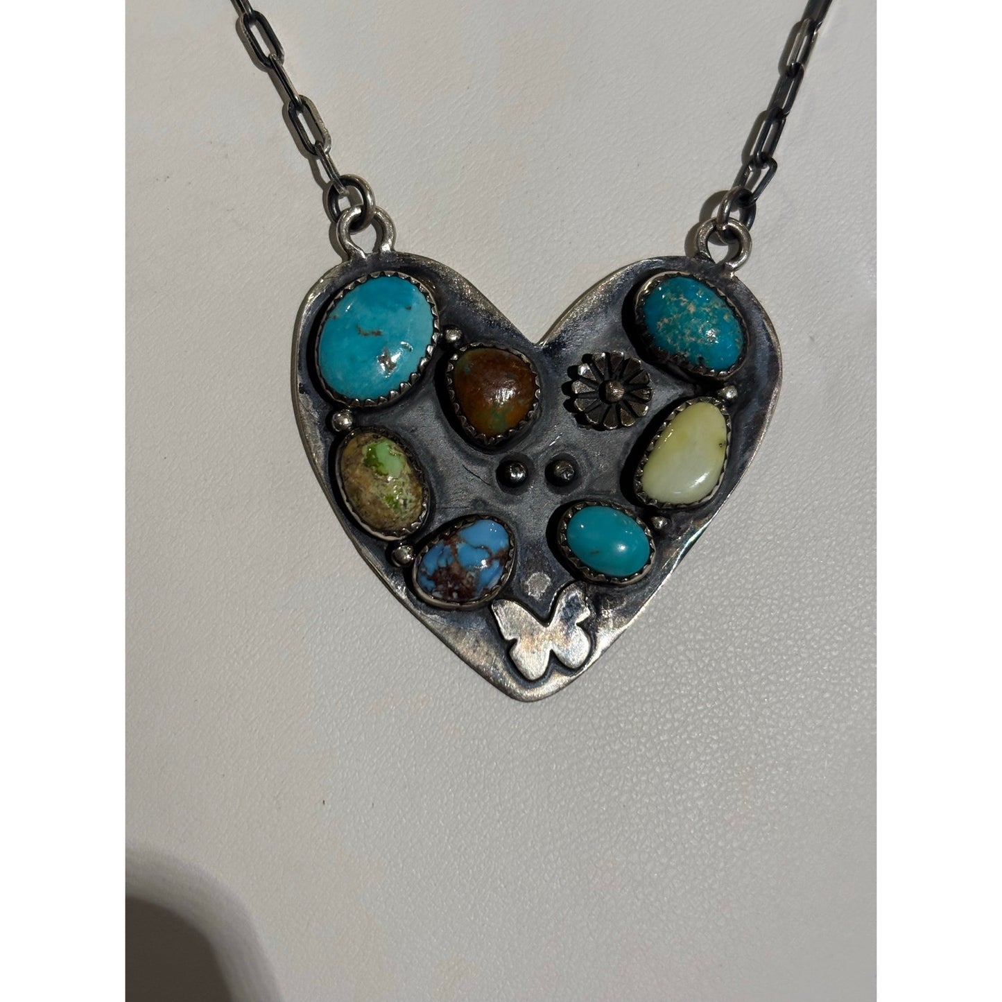 One of a Kind Multi-Turquoise Heart Necklace Sterling Silver 20"