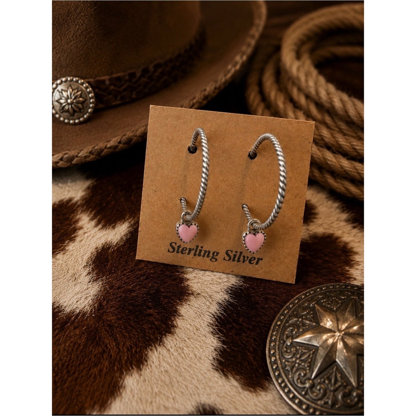 Sterling Silver Hoop Earrings with Pink Conch Heart Charms