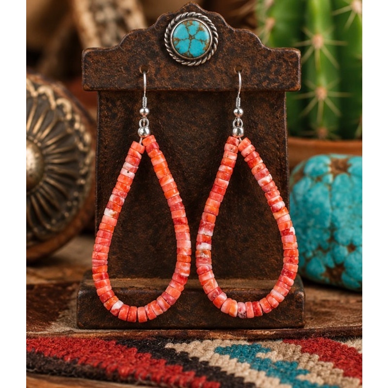 Red Spiny Heishi Dangle Earrings – Sterling Silver Southwestern Style
