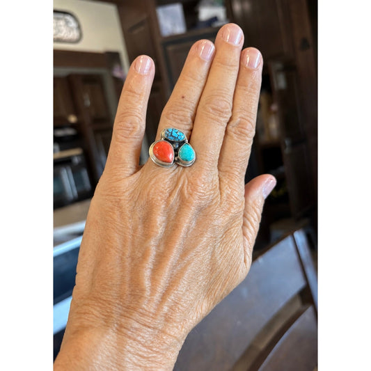 Kingman & Blue Turquoise Red Coral 3-Stone Sterling Silver Ring