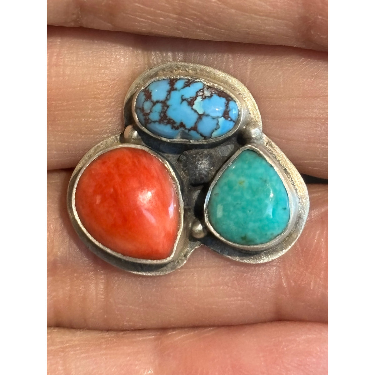 Kingman & Blue Turquoise Red Coral 3 Stone Sterling Silver Ring