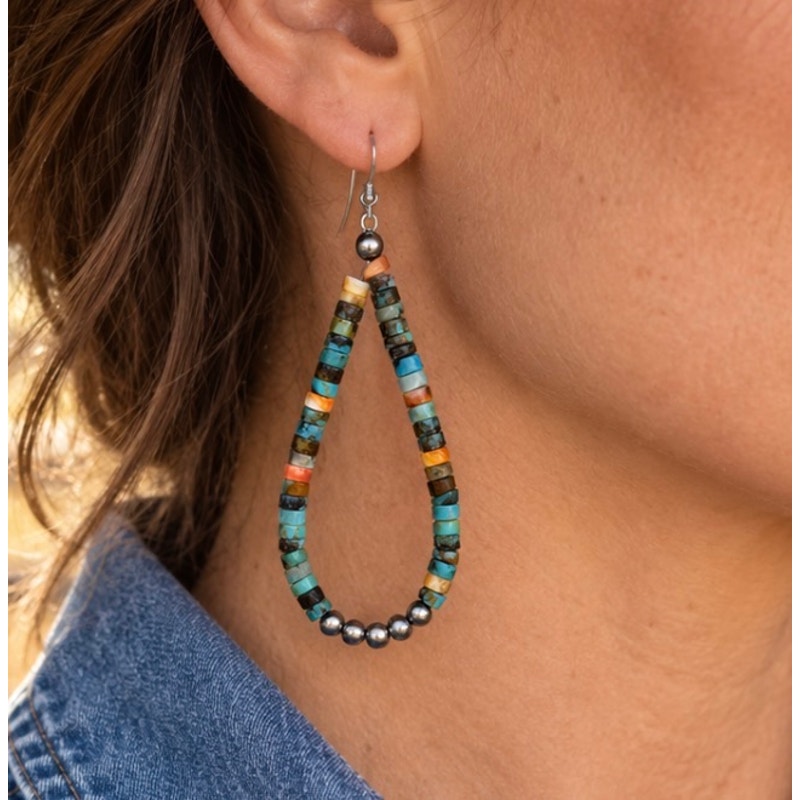 Turquoise Heishi & Sterling Silver Pearl Teardrop Dangle Earrings | Southwestern
