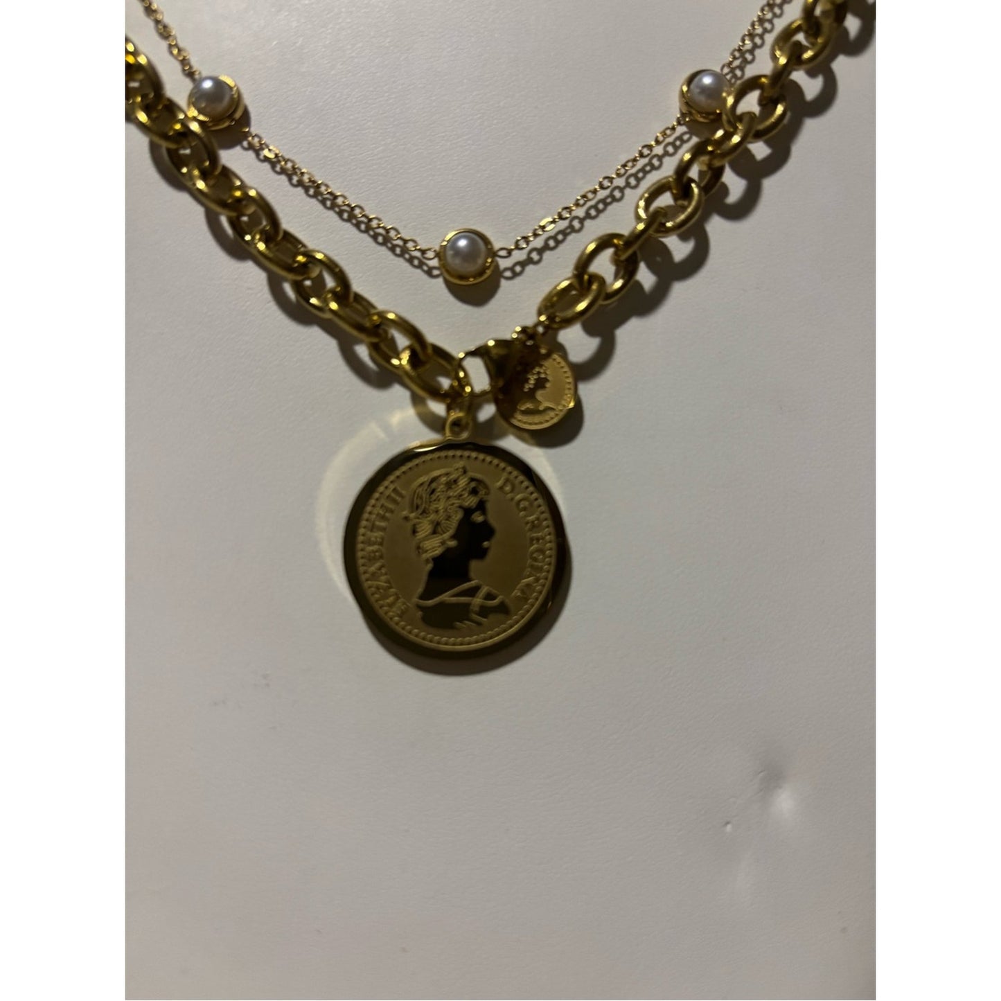 Gold-Tone Layered Chain Necklace with Pearl Accents