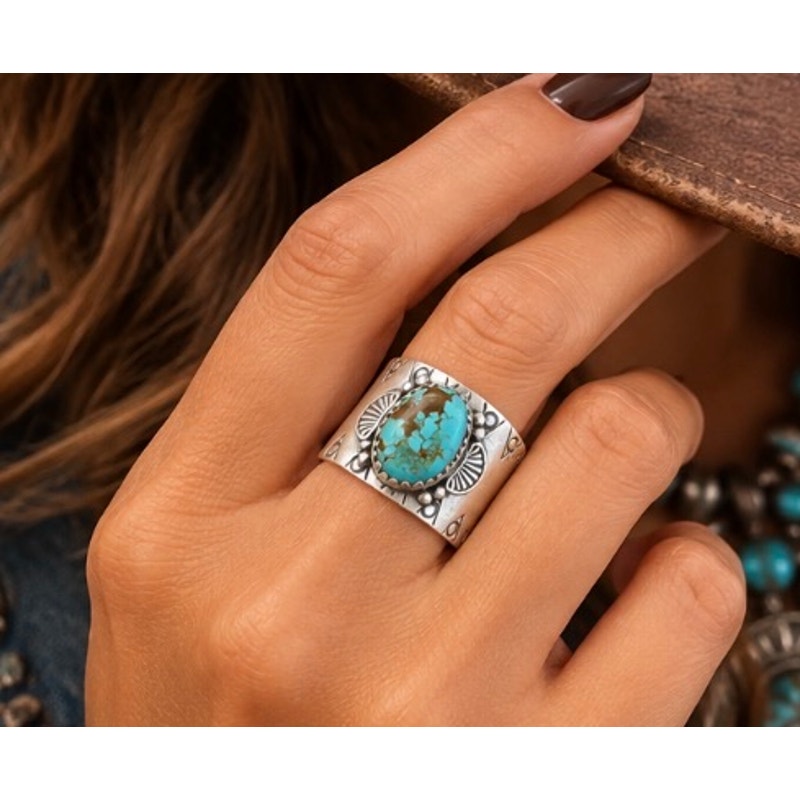 Number 8 Turquoise Southwestern Cigar Band Ring – Sterling Silver