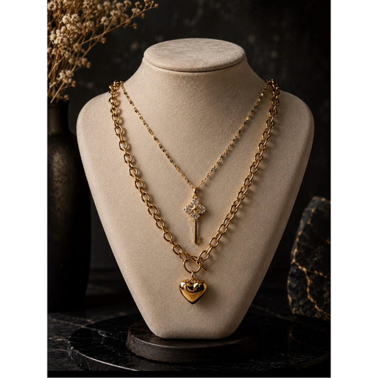 18k Gold Plated Water Resistant Tarnish Free Heart & Key Pendant Necklace Set