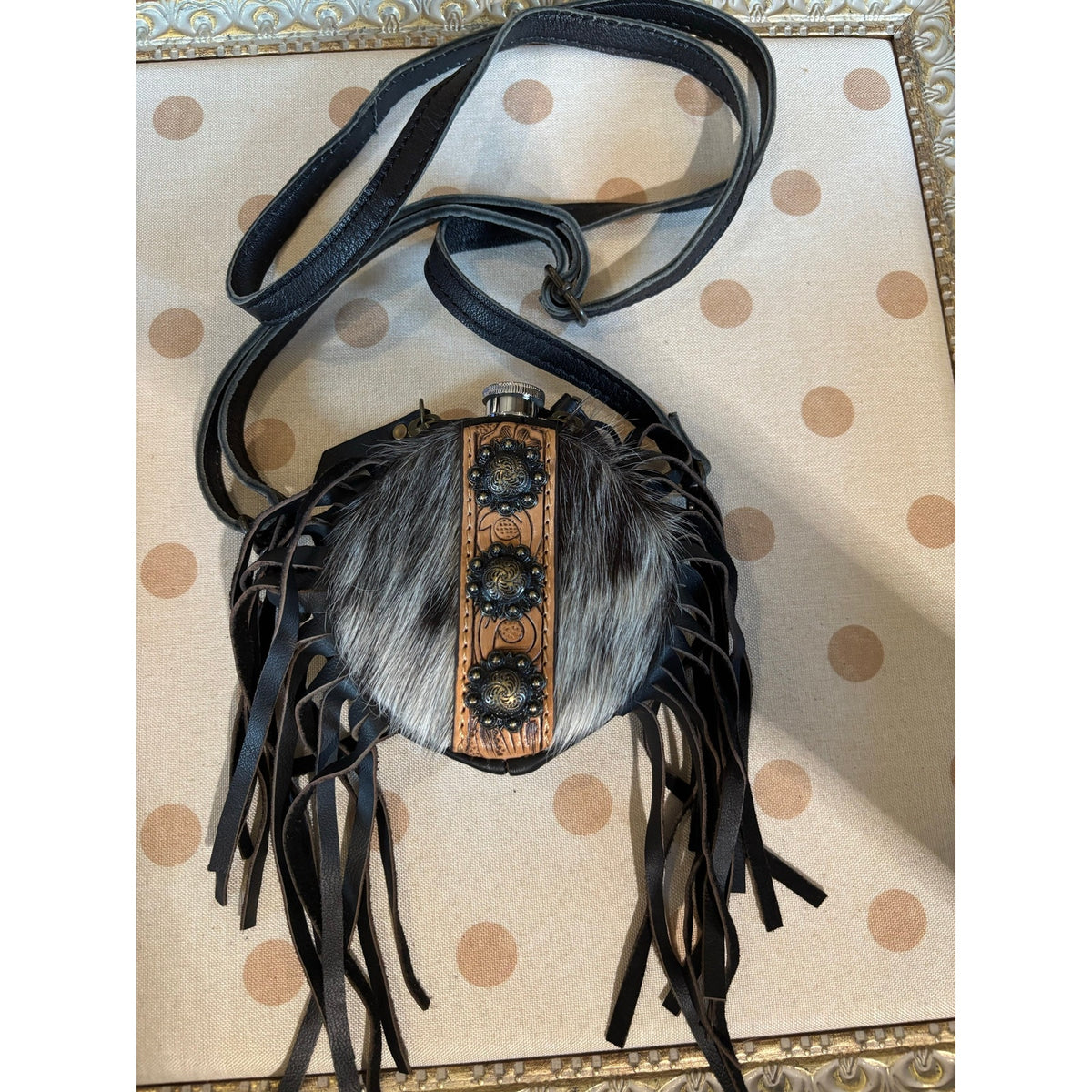 Handmade Long-Hair Cowhide Western 2 Shot Canteen Crossbody with Fringe – 4 Inch
