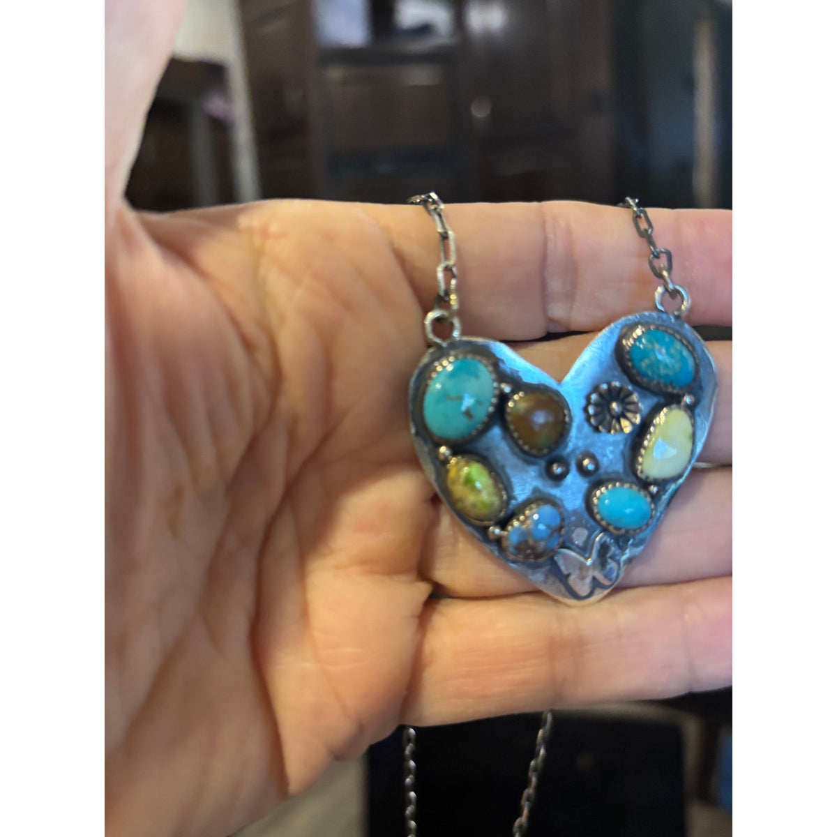 One of a Kind Multi-Turquoise Heart Necklace Sterling Silver 20"