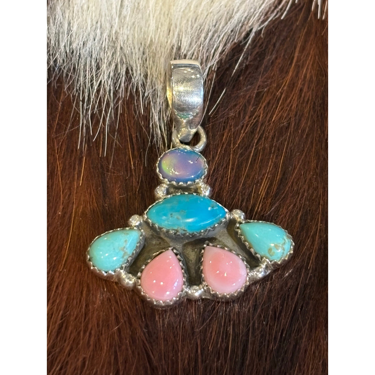Kingman Turquoise Blue Opal & Pink Conch Pendant 925 Silver