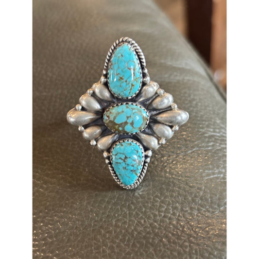 #8  3 stone large Turquoise Ring in Sterling Silver