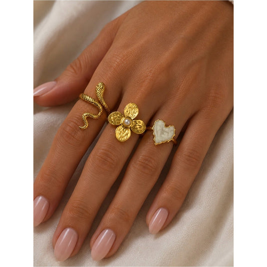 Gold 18 Carat Gold Plated tarnish and water proof Flower Ring with pearl accent.