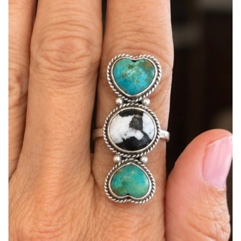Southwestern Kingman Turquoise & White Buffalo Three-Stone Crawler Ring | 925 SS