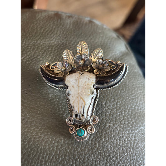 White Buffalo w Turquoise accent in German Silver Steer Head