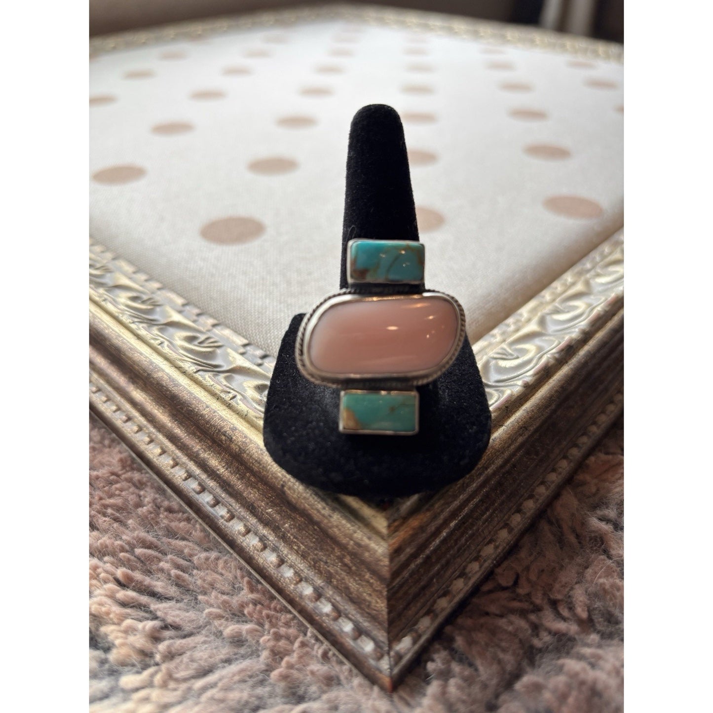 Turquoise & Large Pink Conch Stone Set In Sterling Silver