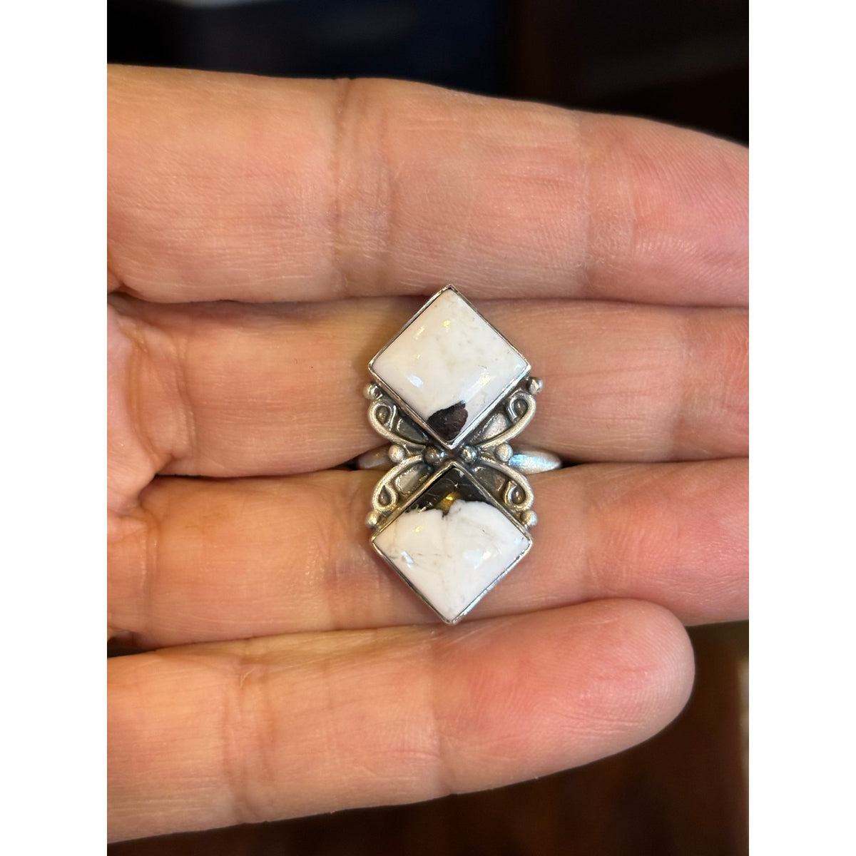 White Buffalo Two-Stone Runner Ring – Sterling Silver Western Adjustable Ring