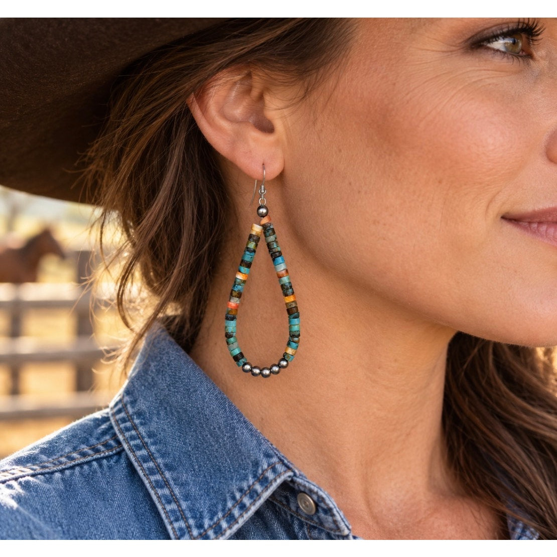 Turquoise Heishi & Sterling Silver Pearl Teardrop Dangle Earrings | Southwestern