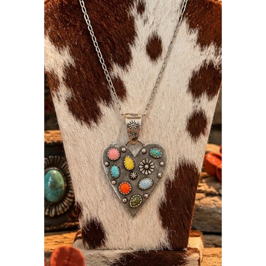 Multi-Stone Heart Pendant – Sonoran, Number 8 Turquoise, Pink Conch, SS