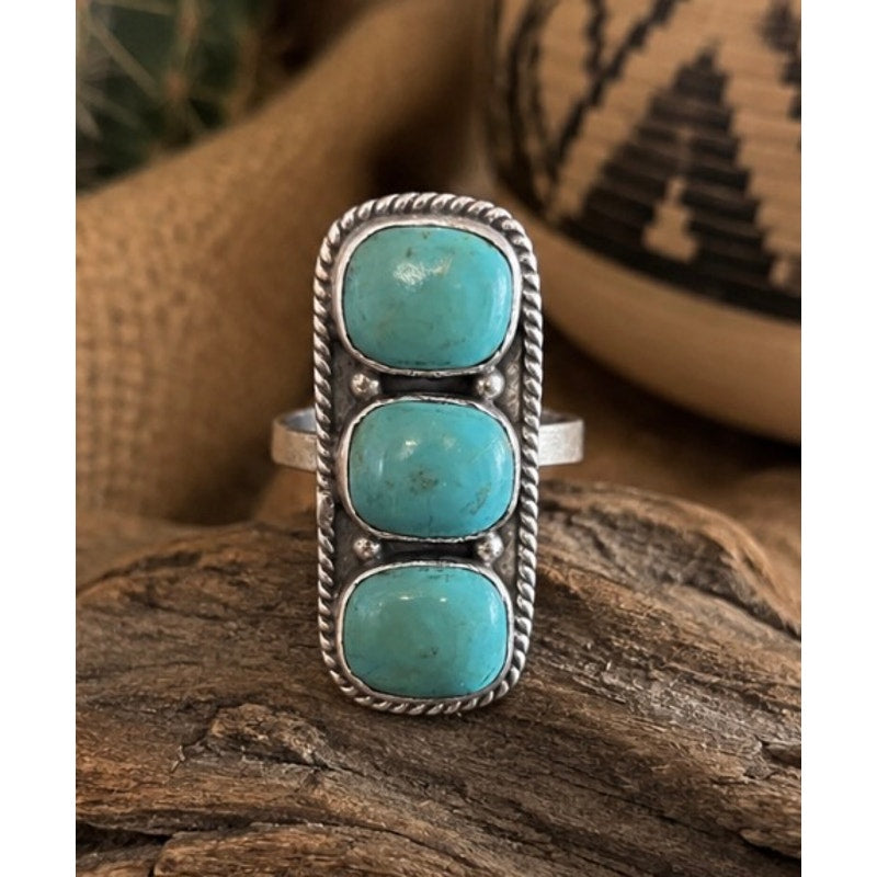 Three Stone Turquoise Crawler Ring in Sterling Silver