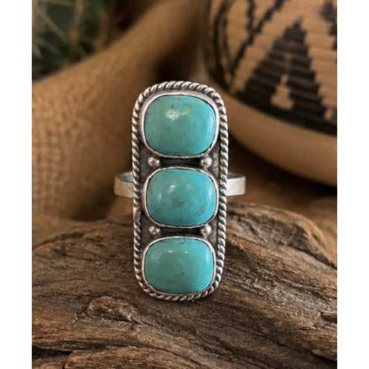 Kingman Turquoise 3-Stone Crawler Ring, Sterling Silver