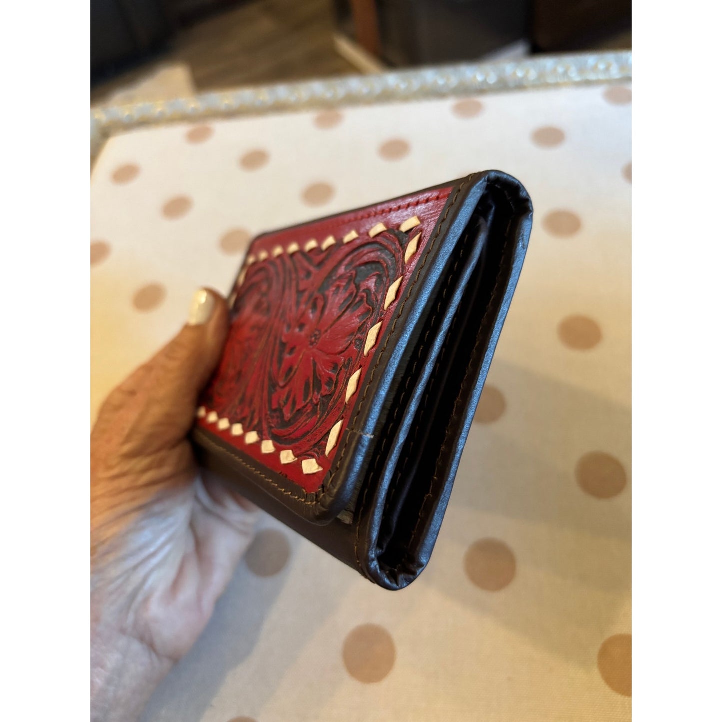Tooled Leather Cowhide Western Trifold Wallet in Red