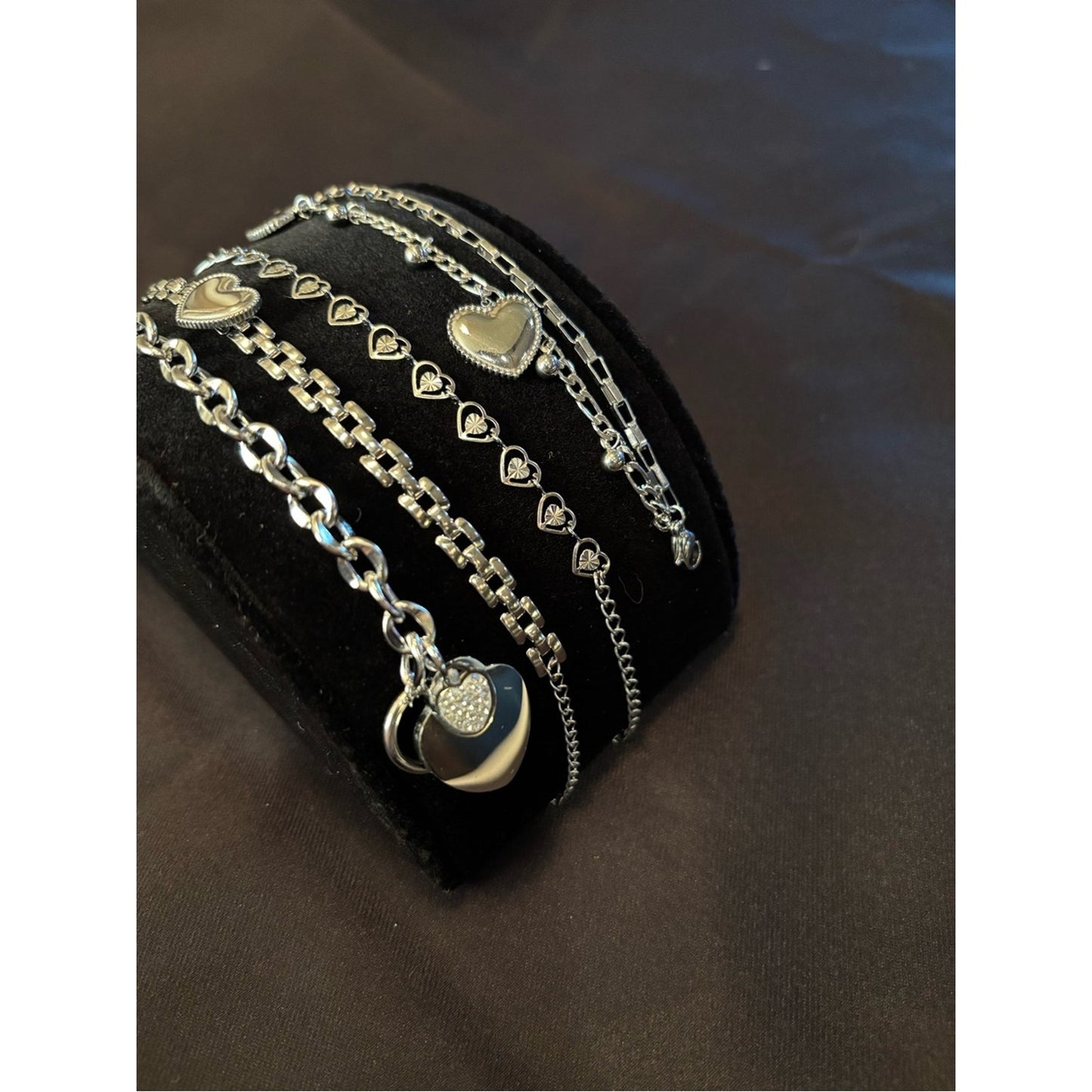 Silver Heart Charm Layered Bracelet Set - Women's Jewelry