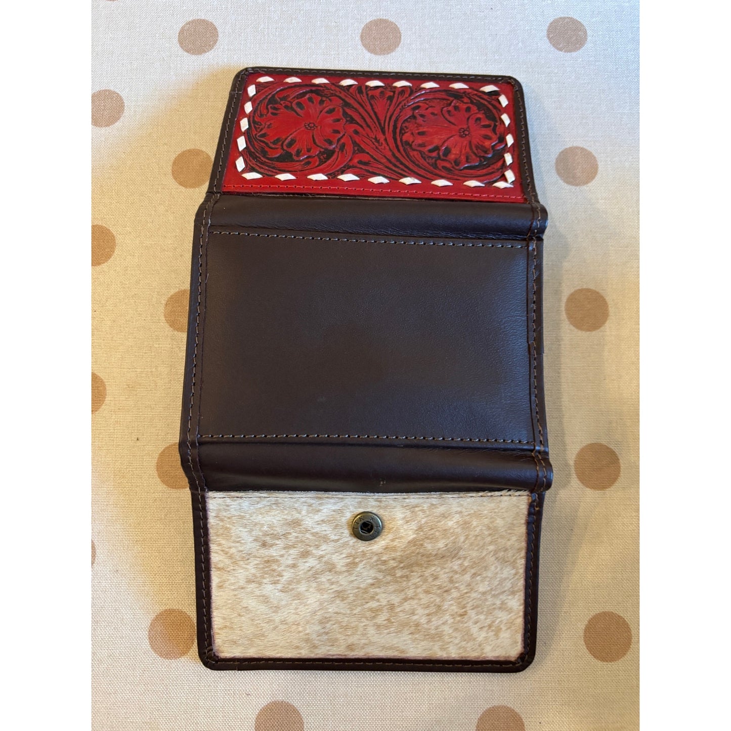 Tooled Leather Cowhide Western Trifold Wallet in Red