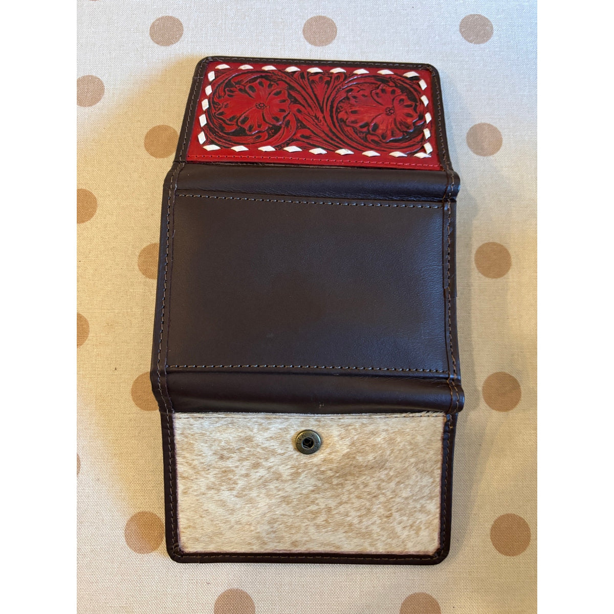Tooled Leather Cowhide Western 3 Fold Wallet in Red