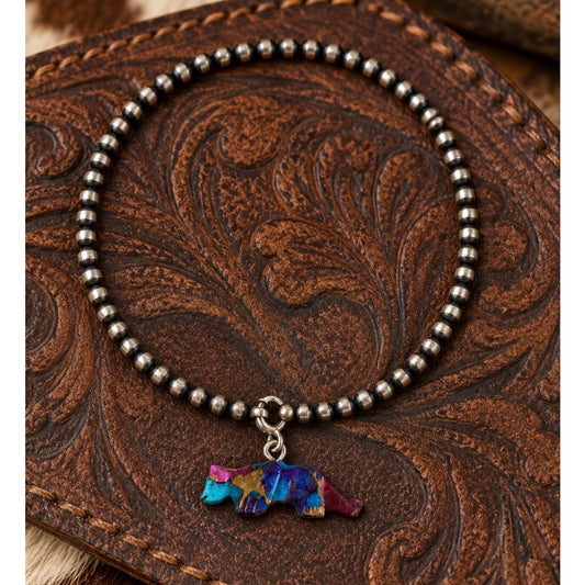 Hand-Carved Spiny Turquoise Dog Charm Sterling Silver Pearl Bracelet – 7 Inch