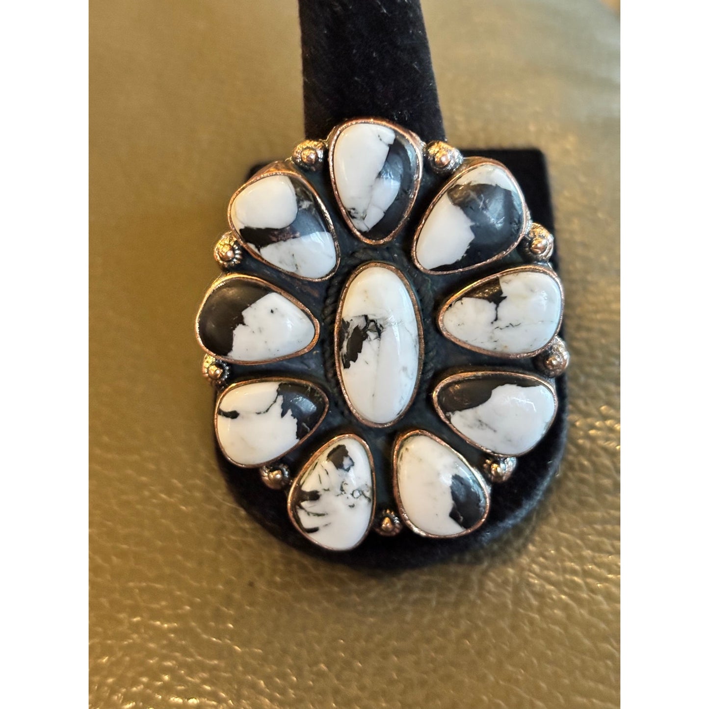 Big White Buffalo Turquoise Cluster Ring set in Copper