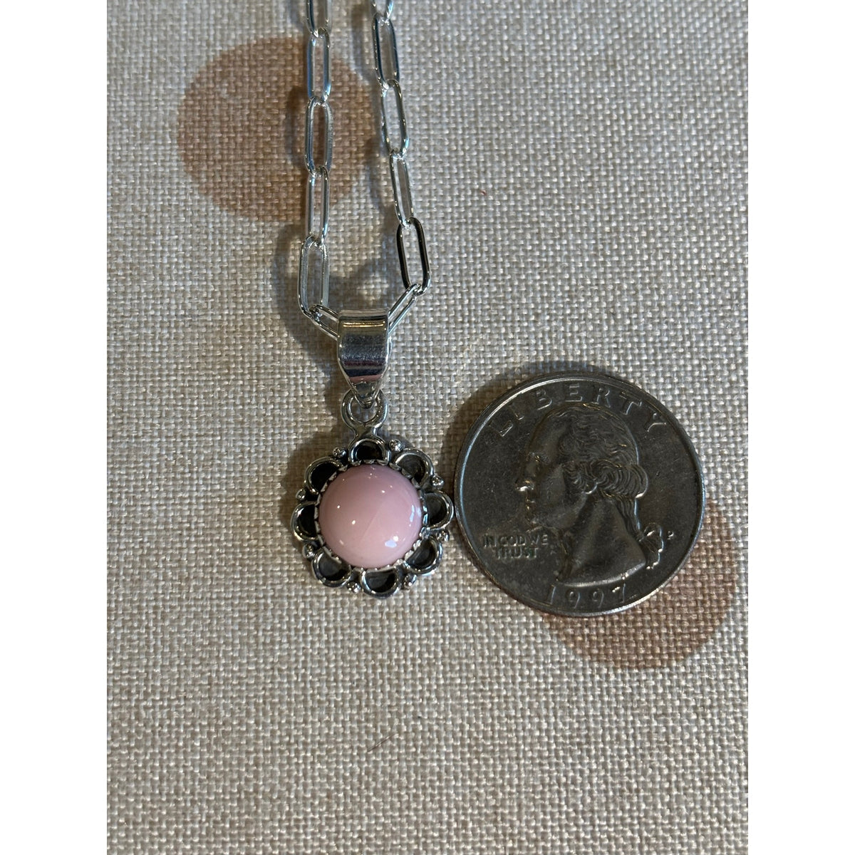 Pink Conch Round Pendant Sterling Silver Necklace – Adjustable 14-20"