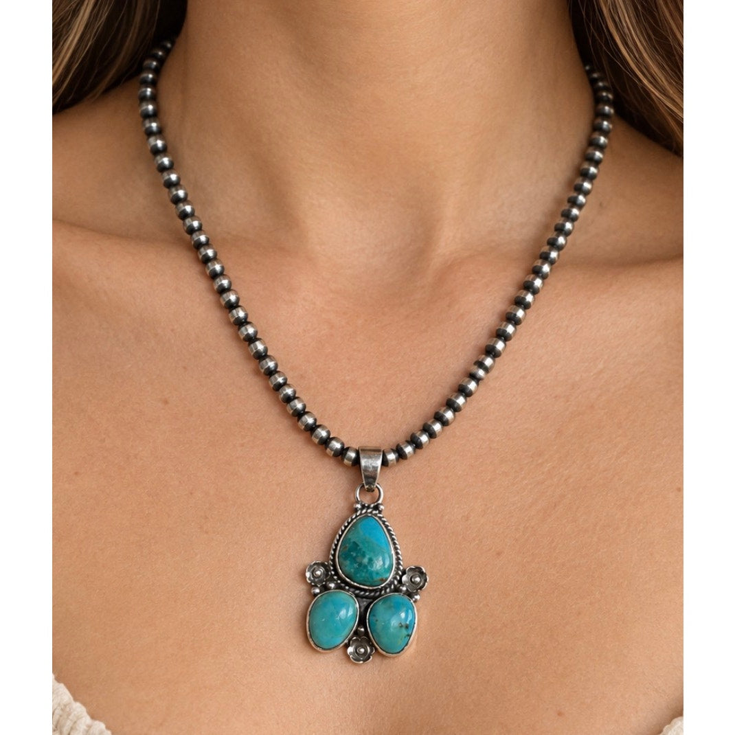 Kingman Turquoise Sterling Silver Pendant with 4mm 16" Desert Pearl Bead Chain Necklace
