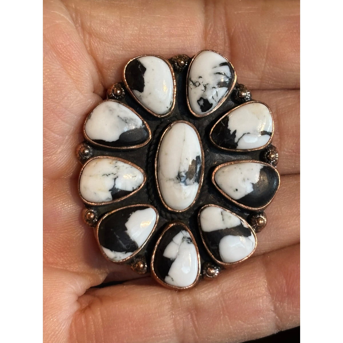 Big White Buffalo Turquoise Cluster Ring set in Copper