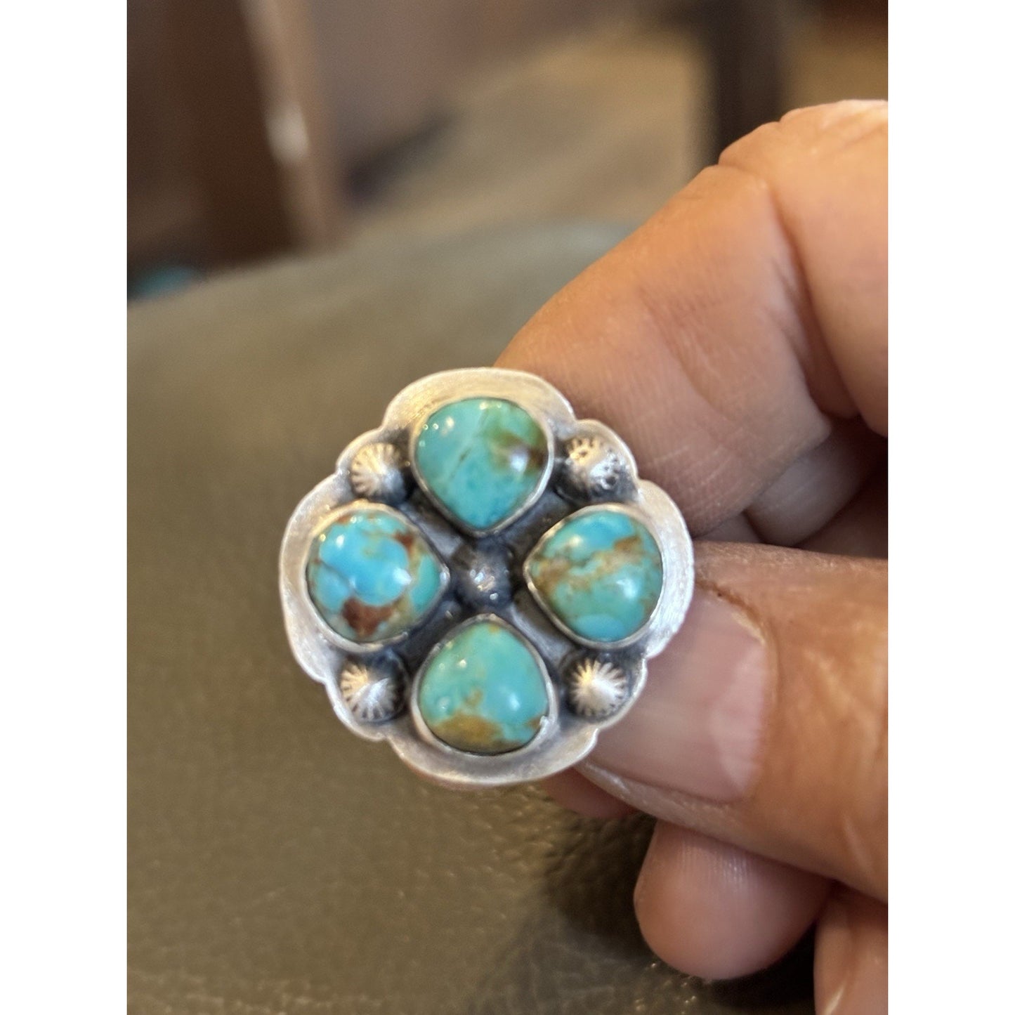 Stunning Kingman Turquoise Cluster Ring In Sterling Silver Ring w Accent Beads