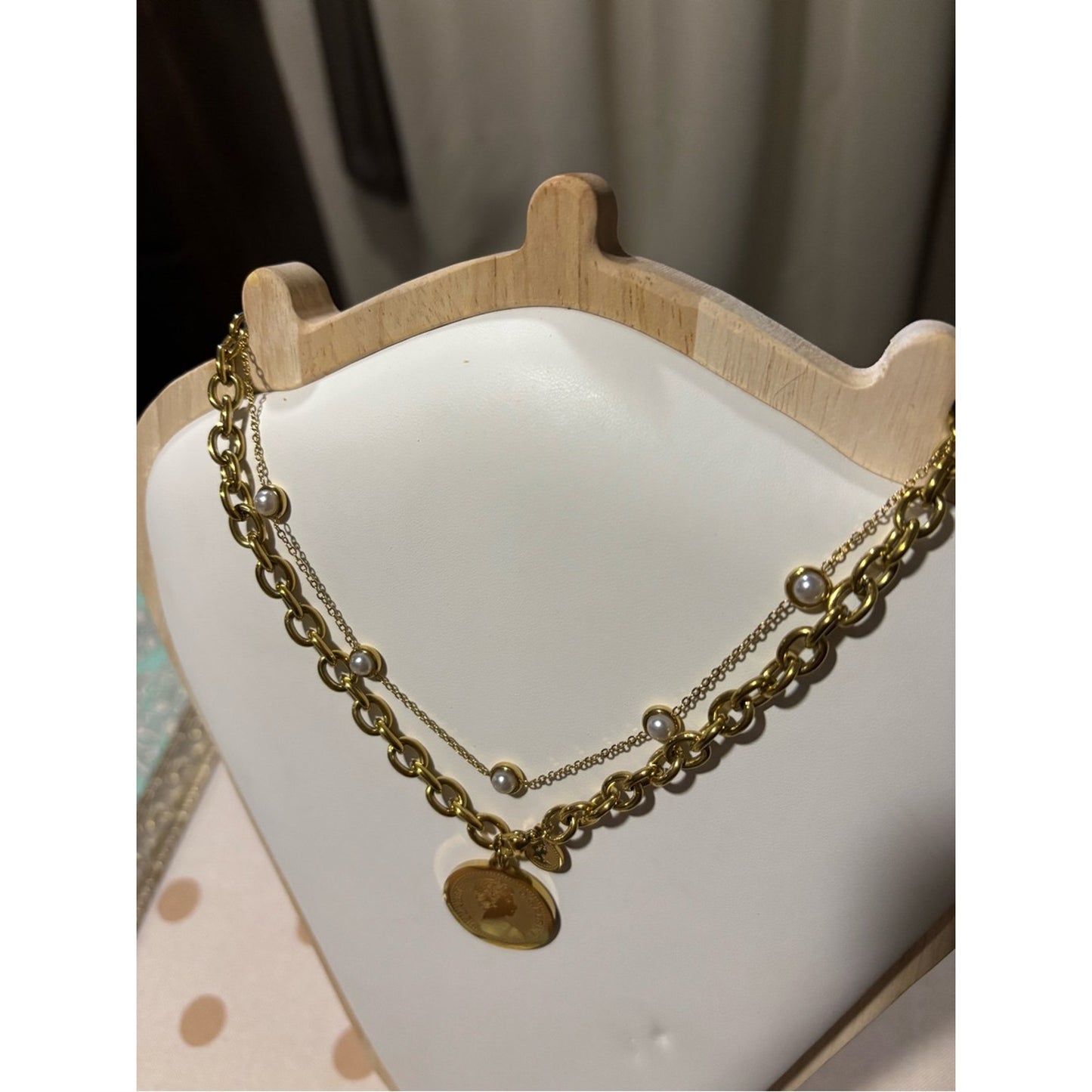 Gold-Tone Layered Chain Necklace with Pearl Accents