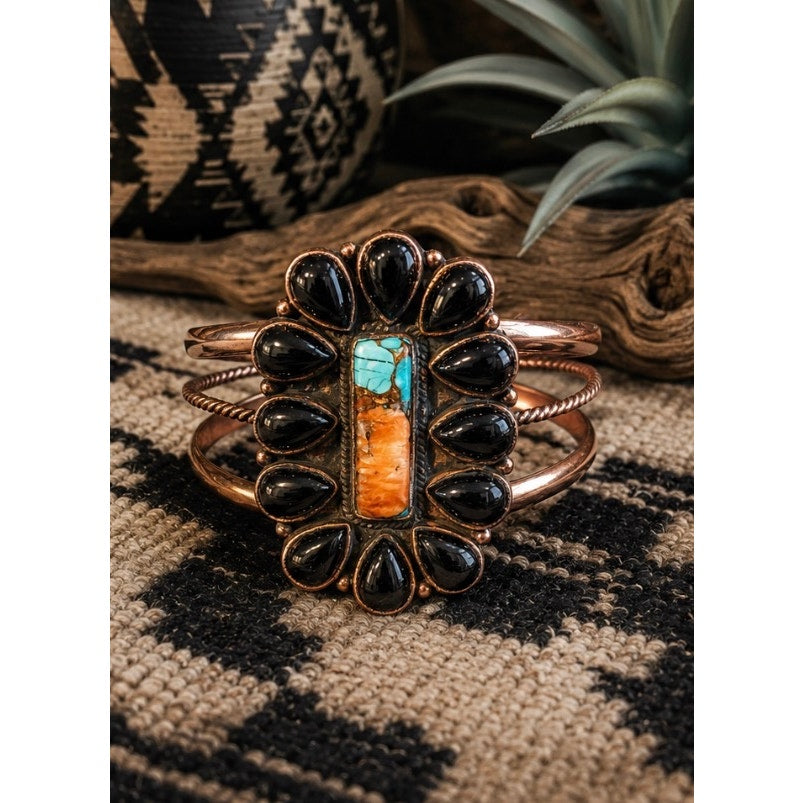 Copper Cuff w Turquoise Orange Spiny & Black Onyx Adjustable