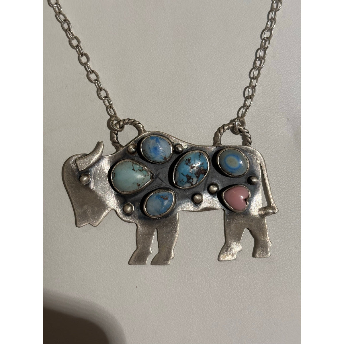 Turquoise Multi Stone Large Buffalo in Sterling Silver with 22" Chain