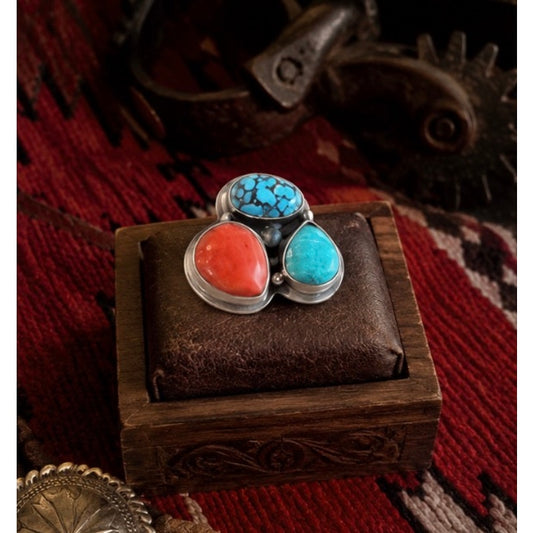 Kingman & Blue Turquoise Red Coral 3-Stone Sterling Silver Ring