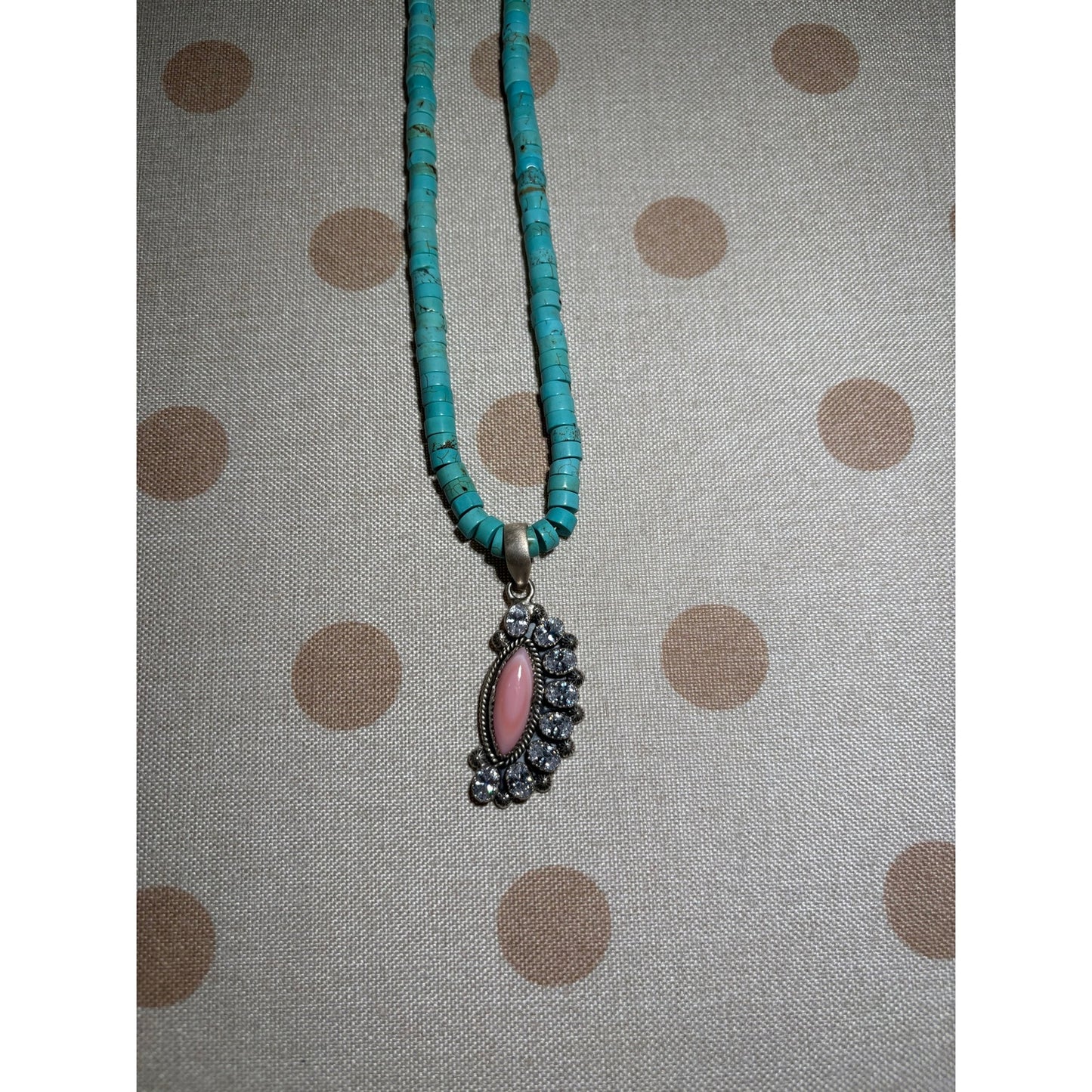 16" Turquoise Heishi Necklace-Pink Conch CZ Sterling Pendant