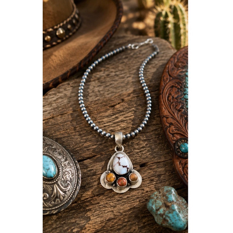 White Buffalo Turquoise Brown/ Copper Jasper Accent Stone Pendant on 16" 3mm
