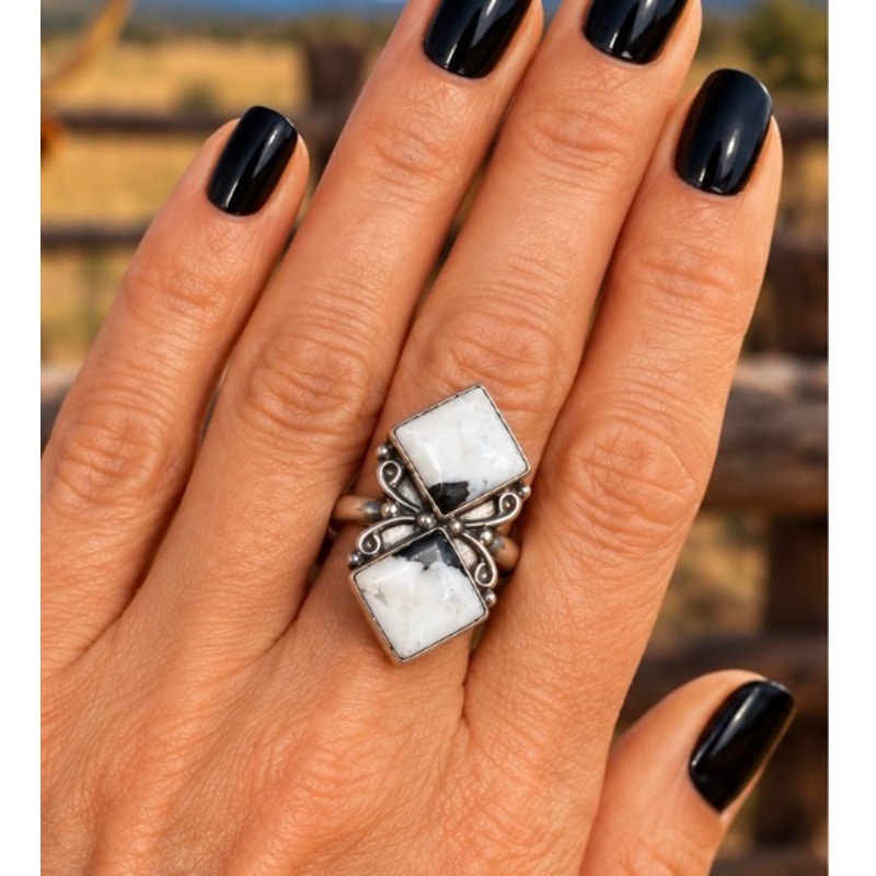 White Buffalo Two-Stone Runner Ring – Sterling Silver Western Adjustable Ring