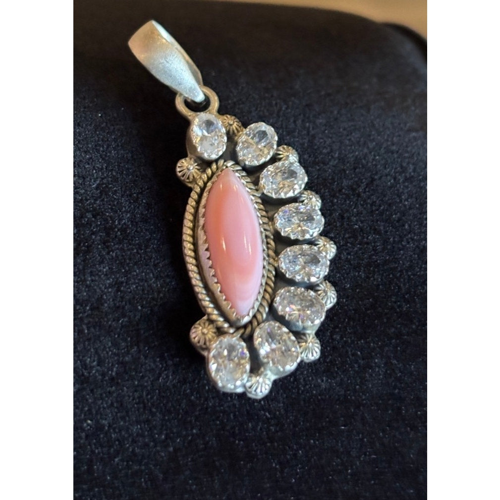 16" Turquoise Heishi Necklace-Pink Conch CZ Sterling Pendant