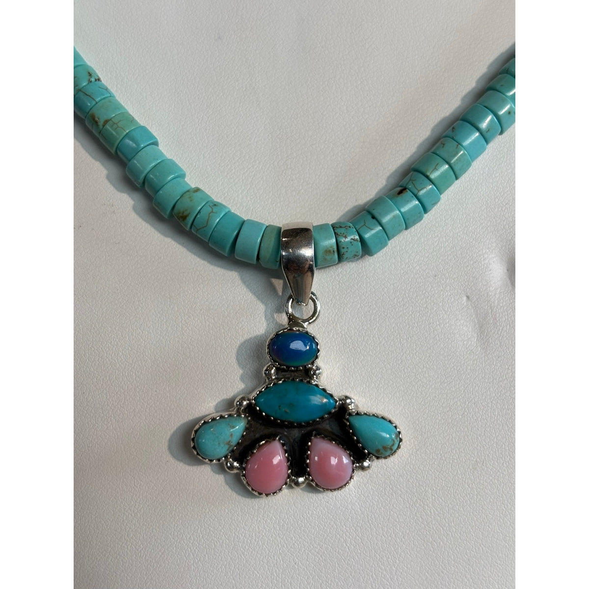 Kingman Turquoise, Pink Conch & Opal Heishi Necklace – 18"