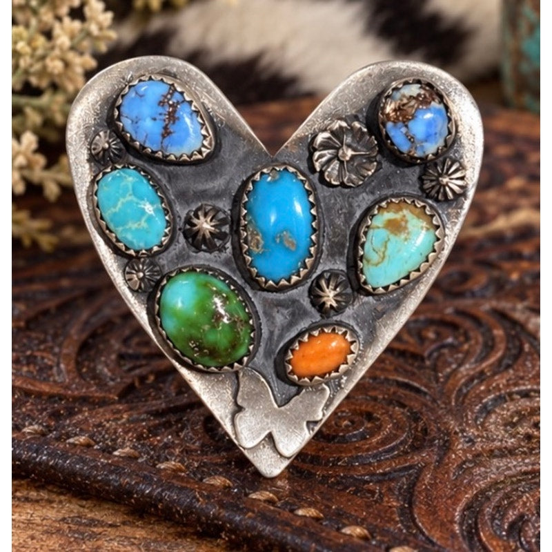 Unique Turquoise Heart Ring with Different Turquoise stone and Spiny Orange