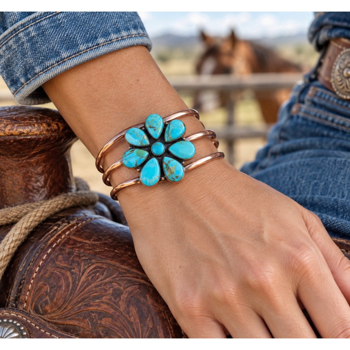 Mohave Turquoise Flower| Cluster Adjustable Copper Cuff Bracelet