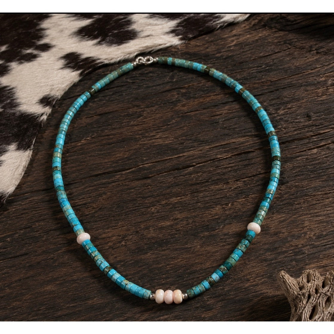 16" Turquoise & Pink Conch 5mm Turquoise Heishi Necklace